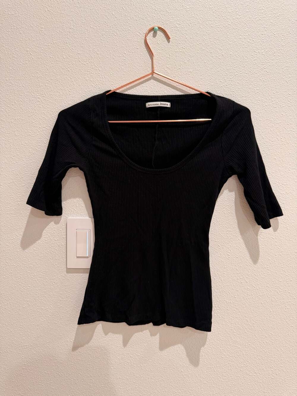 Reformation Jeans Black Ribbed Scoop Neck Elbow Sleeve Top Size S
